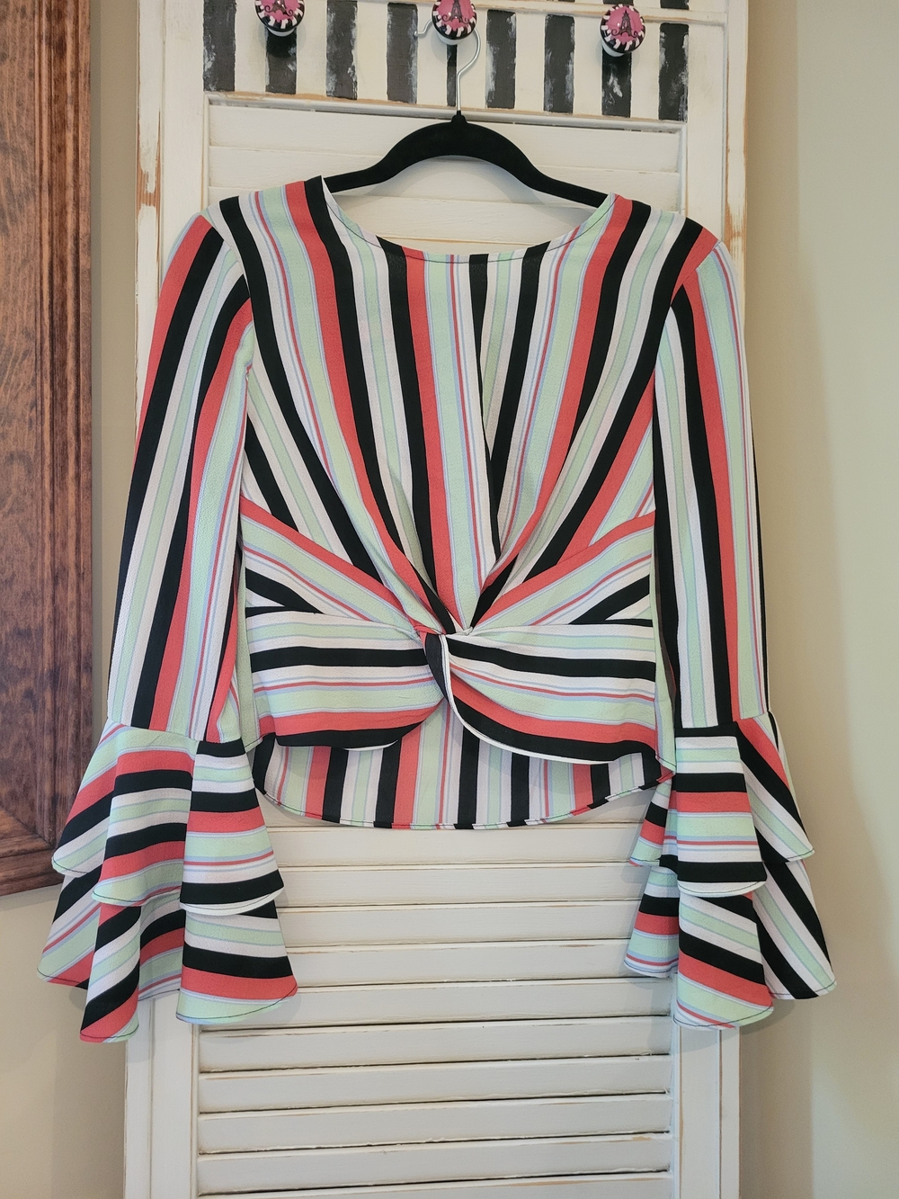 Bar III Multicolor Striped Twist-Front Ruffle Sleeve Blouse